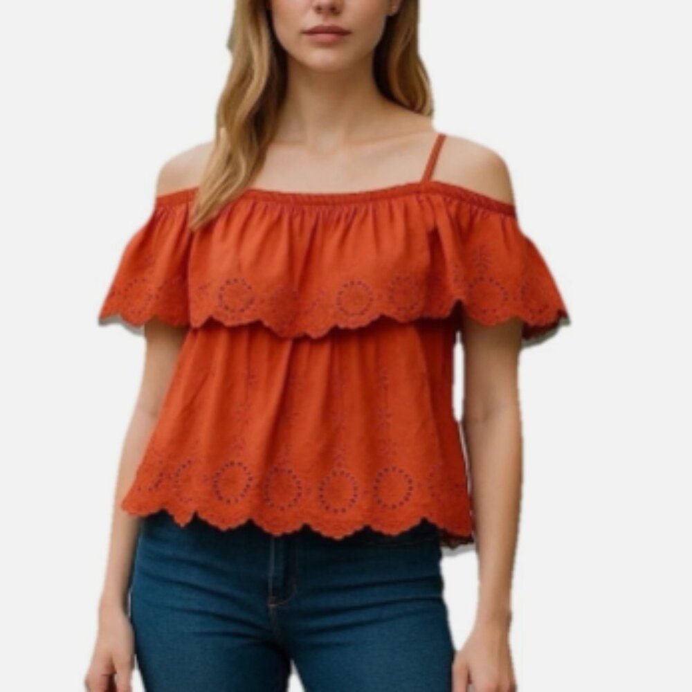 Old Navy Off-Shoulder Eyelet Ruffle Top Rust L Spaghetti Strap Feminine Boho NWT